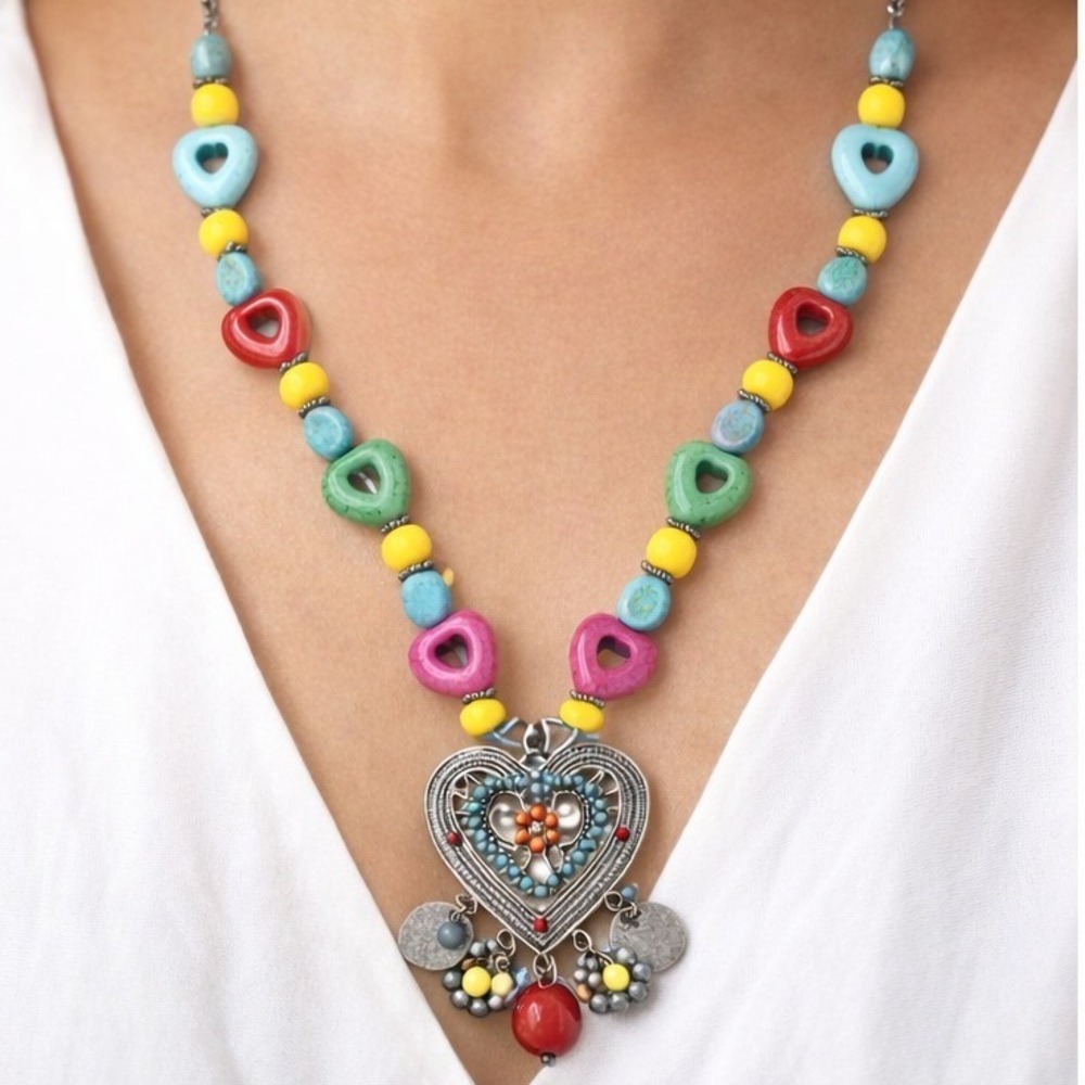 Boho Colorful Heart Statement Necklace Ornate Pendant Y2K Art Bold Vtg Inspired - Picture 1 of 5